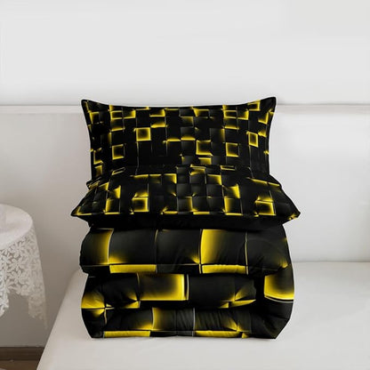 Erosebridal Geometric Checkered Comforter Full Size Neon Black Gold Comforter Set for Kids Teen Men Gaming Room Decor,Abstract Ombre Plaid Bedding Set Grids Quilt Duvet