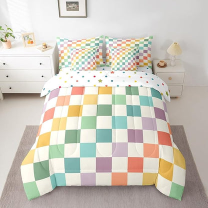 Feelyou Multicolored Checkered Retro 7 Piece Bedding Set Kids Boys Geometric Vintage Comforter Set with Sheets King Size Green Yellow Colorful Bed in a Bag Modern Simple Groovy Aesthetic Room Decor