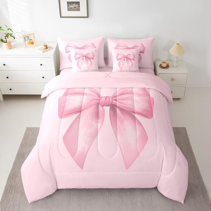 Feelyou Pink Bow Comforter Set Full Size 7 Pieces Cute Bowknot Bedding Set for Kids Boys Girls Pricess Style Bed in a Bag with Comforter, Sheets, Pillowcases, Cushion Covers Kawaii Bedroom Decor
