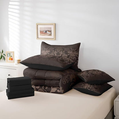 Erosebridal Gothic Damask Comforter Set 7 Piece Bed in a Bag Twin,Butterfly Skull Bedding Sets Black Brown Victorian Floral Goth Sheet Set with Comforter