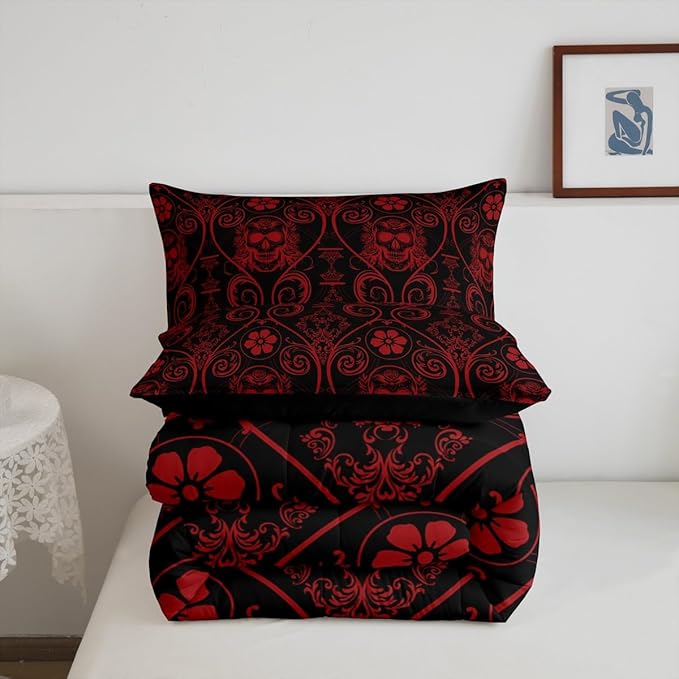 Feelyou Adults Red Vintage Damask Floral Comforter Set Oriental Antique Comforter Queen Size Exotic Sugar Skull Rose Bedding Set Gothic Bohemia Boho Duvet Set Quilt Set 3Pcs