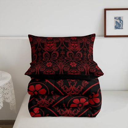 Feelyou Adults Red Vintage Damask Floral Comforter Set Oriental Antique Comforter King Size Exotic Sugar Skull Rose Bedding Set Gothic Bohemia Boho Duvet Set Quilt Set 3Pcs