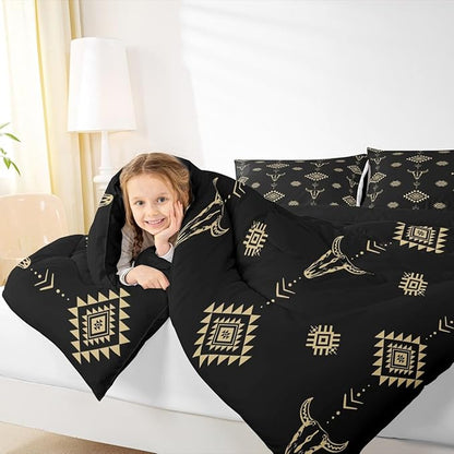 Castle Fairy Cow Skull Kids Comforter Set,Western Cowboy Black Gold Duvet Set for Room Decor,Aztec Bohemia Tribal Exotic Brushed Microfiber Soft Quilt Cover,Full Size 3 PCS