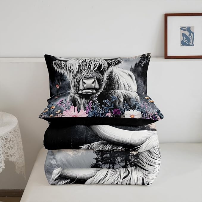 Highland Cow Flower Comforter Set Queen Size Bull Cattle Smoky Mountain Bedding Set Western Funny Animal Down Comforter Wildlife Farmhouse Cow Duvet Filler Grey Misty Trees Natural Scenery Art