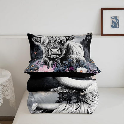 Erosebridal Highland Cow Flower Comforter Set King Size Bull Cattle Bedding Set Western Funny Animal Duvet Stuffing Wildlife Farmhouse Cow Bed Quilt Mountain with Firforest Bedroom Decor