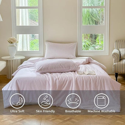 NSNLGSGC Pink Gingham Cotton Comforter Set King, 100% Washed Cotton Red Plaid Checked Comforter Bedding, 3 Pieces Vintage Farmhouse Grid Bedding Set(Pink Gingham, King)