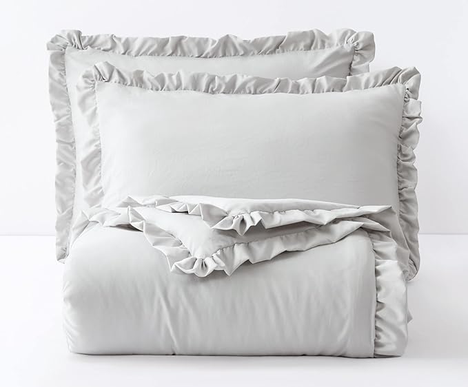 Chezmoi Collection Nora Light Gray Comforter Set King Size 3-Piece Fluffy Soft Stone-Washed Ruffled Shabby Chic Bedding for All Season