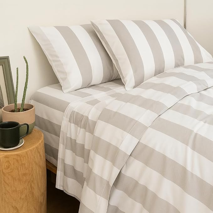 Peru Pima 415 Thread Count Percal California King Sheet Set - 100% Peruvian Pima Cotton, 4 Piece (Flat, Fitted, 2 Pillowcases) - Cooling, Crisp, Deep Pocket, Hotel Quality Bedding - Bold Stripe Grey
