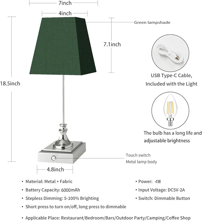 Rechargeable LED Table Lamps with Stepless Touch Control,Light Sliver Cordless Lamp for Living Room&Bedside&Patio&Shower,Small Desk Lamp(6000mAH Battery),1 Pack for Home Decor,Best Gifts for Family
