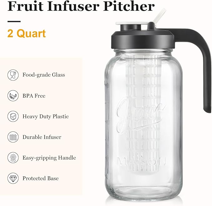 Heavy Duty Mason Jar Fruit Infuser Water Pitcher, Leak-proof Glass Pitcher with Filter Lid, Wide Mouth Glass Jar - 2 Quart