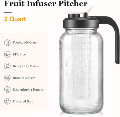 Heavy Duty Mason Jar Fruit Infuser Water Pitcher, Leak-proof Glass Pitcher with Filter Lid, Wide Mouth Glass Jar - 2 Quart