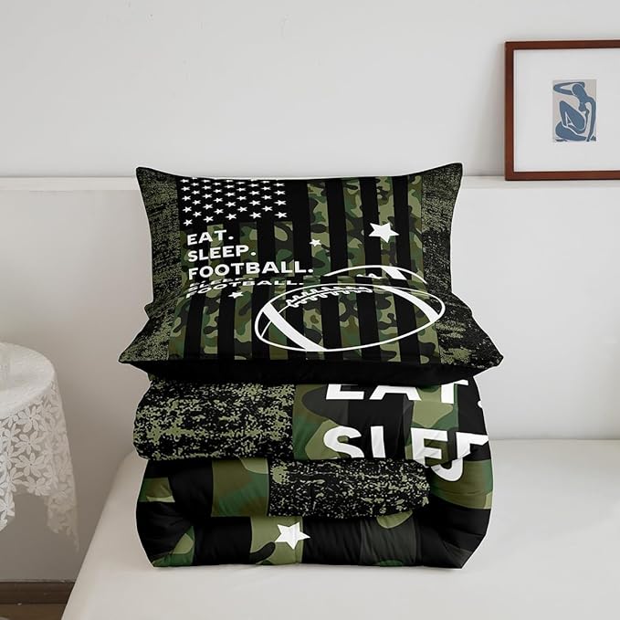Feelyou Queen Football Bedding Set for Kids Toddler Camo American Flag Comforter Set for Boys Girls Rugby Sports Comforter Teens Soccer Duvet Set Microfiber Bed Set