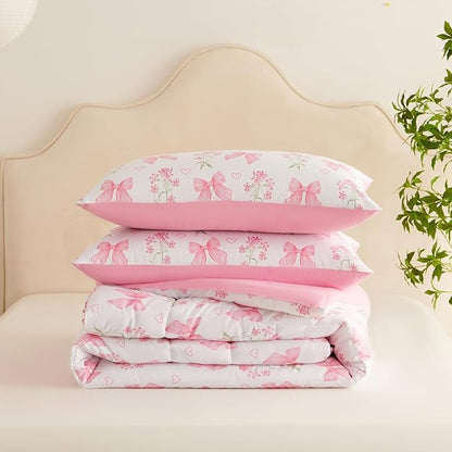 Pink Bow Comforter Set Full 3Pcs Pink Floral Bedding Set for Girls Kids Romantic Princess Style Bowknot Bedding Ultra Soft Reversible Garden Flower Comforter Sets with 2 Pillowcases