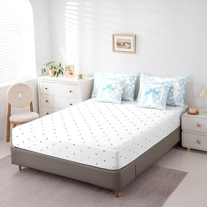 jejeloiu Girls Pretty Ribbon Blue Bow 7 Piece Bedding Set Queen Size Blue Damask Comforter Set with Sheets for Kids Women Cute Bow Bed in a Bag Princess Bed Set