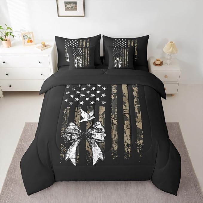 Erosebridal Bow King Comforter Set Camouflage 7-Piece Bed in A Bag Pigeons Birds Bowknot American Flag Sheets and Pillowcases Black White Green Bed Sets