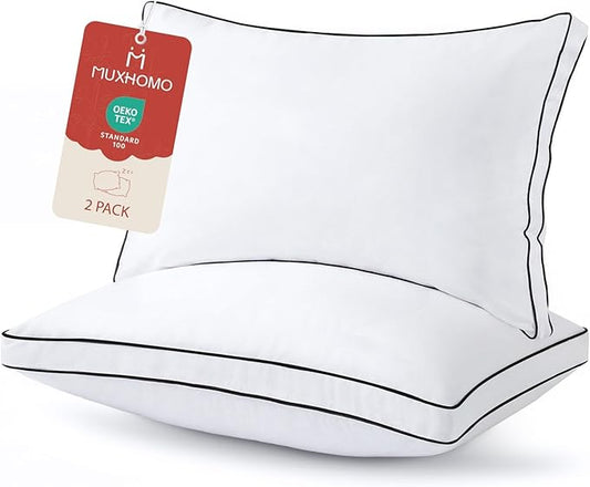 MUXHOMO Bed Pillows Standard Size Set of 2, Full Size Gusseted Bed Pillows for Side, Back, and Stomach Sleepers, Hotel Quality, Oeko-Tex Certified Fluffy Supportive Down Alternative Filling, 2 Pack