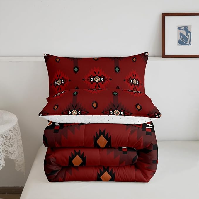 Feelyou Red Southwest Native Comforter Set Western Tribal Bedding Set King Size for Kids Boys Girls Teens Room Decor Geometric Boho Comforter Soft Microfiber