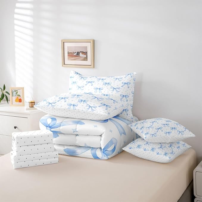 Erosebridal Bowknot Girls Blue Kawaii King 7-Piece Comforter Set | Cute Bow Sheets and Pillowcases Princess Bed in A Bag Starry Bed Sets