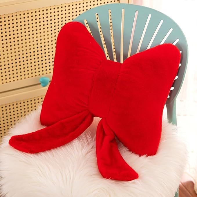 2Pack Soft Furry Bow Throw Pillows Cute Bowknot Plush Pillow Home Decor Stuffed Bow Lumbar Pillow for Bed Couch Living Room Decor (Red)