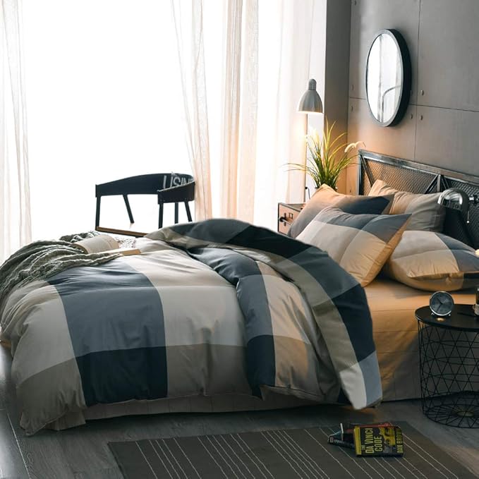 mixinni California King Comforter Set Men Boys Geometric Checkered Plaid Printed Bedding Comforter for All Season Soft Lightweight Bedding Set-California King Size