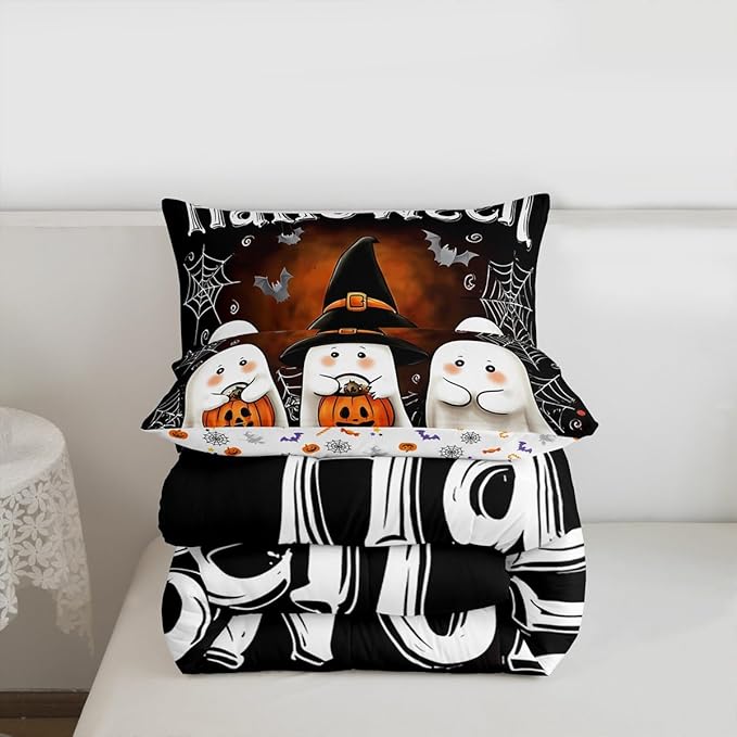 Erosebridal Boys Halloween King Comforter Set, Ghost Holding Pumpkin Bedding Set, Halloween Ghost with Wizard Hat Comforter, Bat Cobweb Black Quilt with 2 Pillowcases for Kids Girls Teens Bedroom
