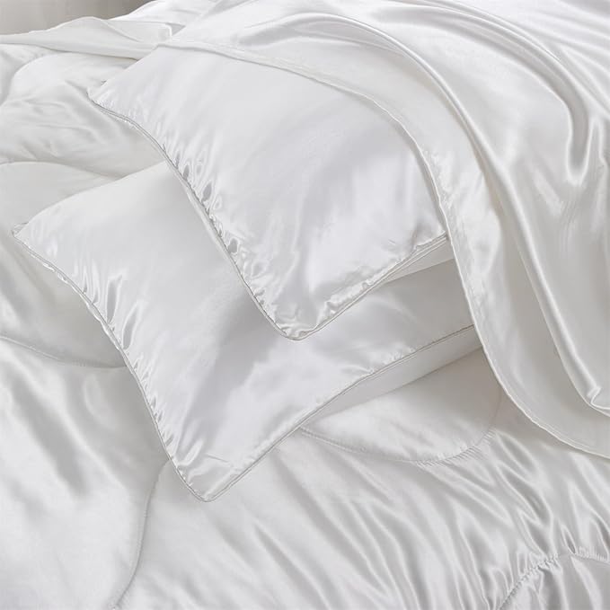 A Nice Night Satin Silky Soft Quilt Luxury Super Soft Microfiber Bedding Comforter Set Full/Queen, Light Weighted (White, Queen)