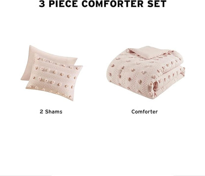 Intelligent Design King Comforter Set, Clipped Jacquard Comforter Set Chic Pompoms Accent, All Seasons Lightweight & Fluffy Comforter Bed Set with 2 Shams, Lucy, King/Cal King Pink 3 Piece