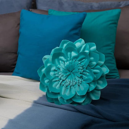 Decorative Throw Pillow 3D Flower Round Pillow Accent Handmade Cushion with Insert for Couch Bed Home Decor 14 Inch Teal