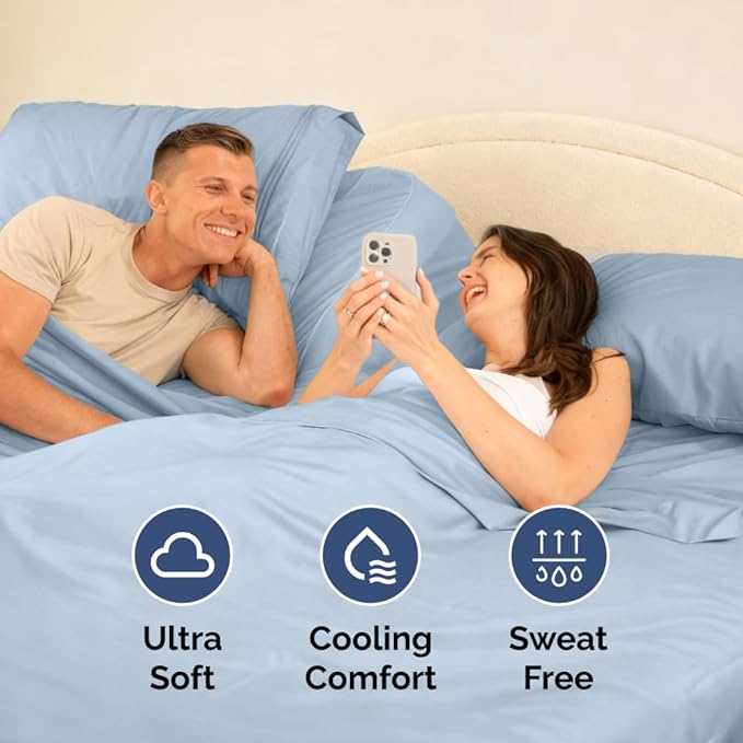 Split Head King Sheet Set – 4 Piece Flex Split Top King Sheets for Adjustable Beds - Fits 14” to 16" Mattress w/ Deep Pockets - Soft, Breathable & Cooling - Luxury Bedding and Wrinkle Free - Sky Blue