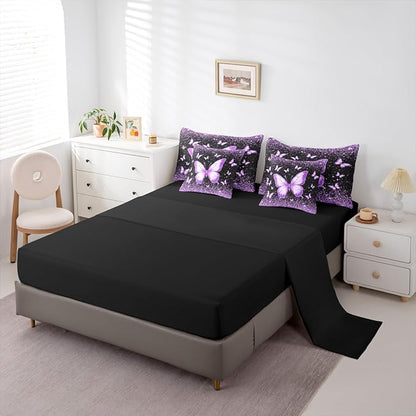 Feelyou Purple Butterfly 7 Piece Bedding Set Glitter Print Comforter Set with Sheets for Kids Boys Girls Pretty Animal Bed in a Bag Beautiful Butterfly Bed Set Soft Lightweight