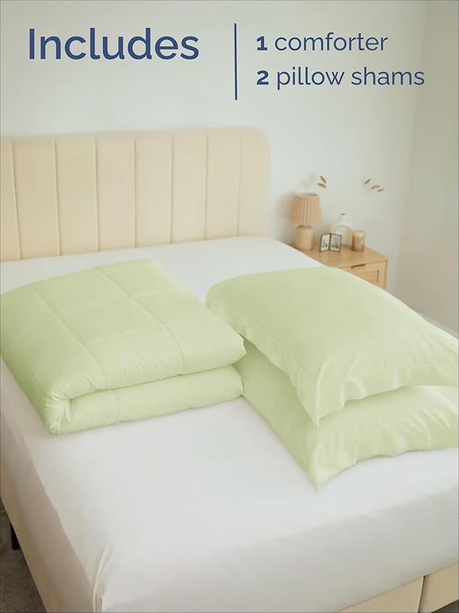 Queen Comforter Set - 3 Piece Bed Set for All Seasons - 1 Soft Quilted Comforter w/ Corner Tabs & 2 Pillow Shams - Comfy, Cozy & Breathable - Premium Down Duvet Insert - Queen Size, Emerald/Light Sage