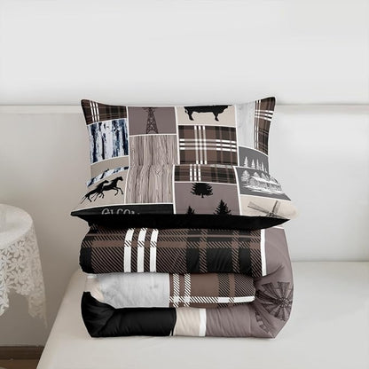 Erosebridal Kids Horse Bedding Set, Western Farmhouse Windmill Comforter Set Rustic Cabin Decor, Southwestern Cowboy Horseshoe Quilt Twin for Boys Teens Adult, Grid Plaid Patchwork Down Comforter