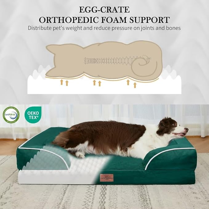 Comfort Expression Orthopedic Dog Bed for Extra Large Dogs 45x35 Inch, Waterproof Supportive Egg Crate Foam XL Pet Bed with Removable Bolsters, Dog Couch with Washable Cover & Non-Slip Bottom, Emerald