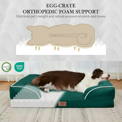 Comfort Expression Orthopedic Dog Bed for Large Dogs 36x27 Inch, Waterproof Supportive Egg Crate Foam Large Pet Bed with Removable Bolsters, Dog Couch with Washable Cover & Non-Slip Bottom, Emerald
