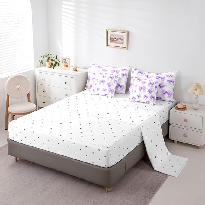 Erosebridal Purple Kids Girls Bowknot Bow Full Comforter Set 7 Pieces | Lace Princess Bed in A Bag for Bedroom Dreamy Bedding Set with Comforters Kawaii Cute Room Decor