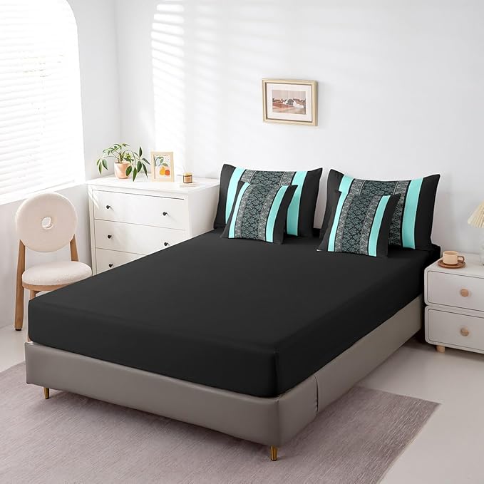 jejeloiu Adult Classic Jacquard 7 Piece Bedding Set Queen Size Damask Pattern Comforter Set with Sheets for Boys Girls Black Teal Stripe Bed in a Bag Baroque Bed Set