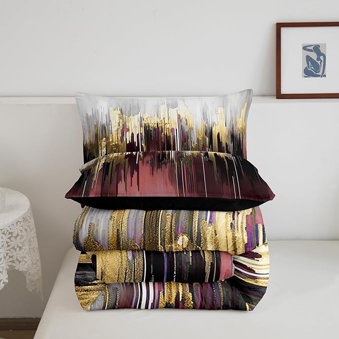 Burgundy Red Comforter Set Full Gradient Stripe Bedding Set, Modern Oil Painting Graffiti Bedding Comforter Sets Watercolor Abstract Artwork Duvet Set, Aesthetic Metallic Golden Quilted Comforter 3pcs