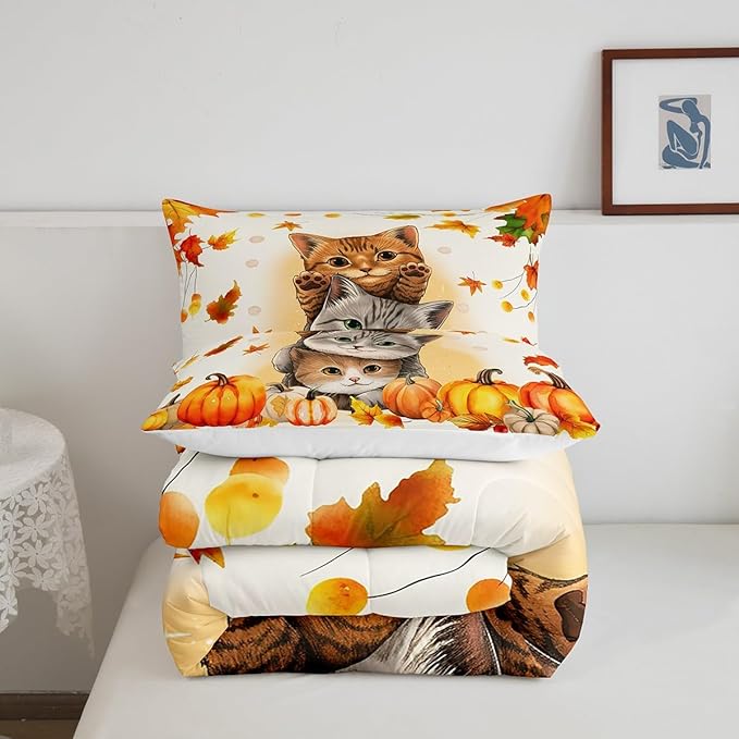 Erosebridal Kids Cute Cats Comforter Full Fall Pumpkin Maple Leaf Bedding Sets for Girls Boys,Autumn Thanksgiving Decor Comforter Set for Bedroom,Happy Fall Decorations for Home with 2 Pillow Cases