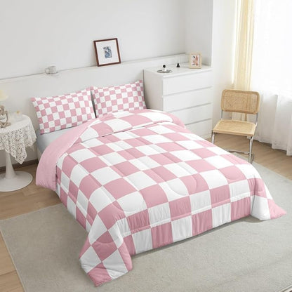 Feelyou Checkered Bedding Set Teen Women Men Pink Plaid Comforter Set Toddler Size Kids Boys Girls Cute Retro Neutral Checkerboard Geometric Duvet Insert Vintage Aesthetic Room Decor