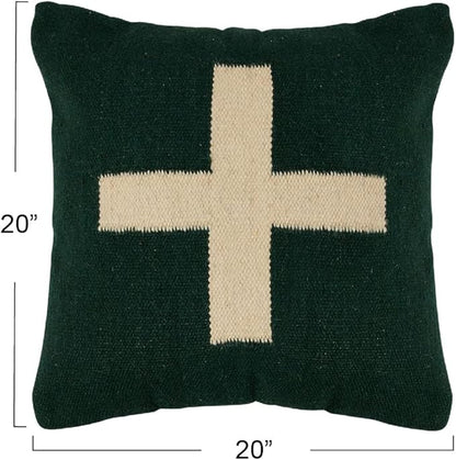 Creative Co-Op Swiss Cross Cotton Wool Throw Pillow, Green and Cream