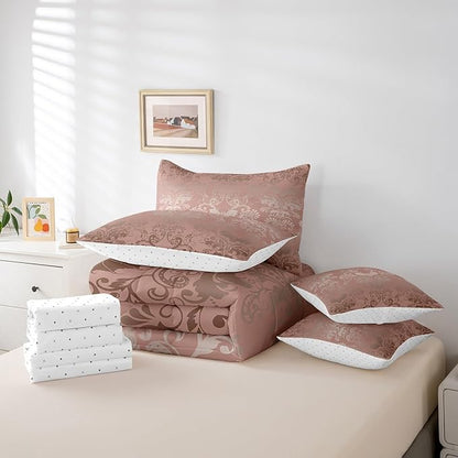 Erosebridal Gothic Damask Bed in a Bag King Size Comforter Set 7 Pieces,Halloween Bat Bedding Sets Light Pink Victorian Floral Goth Sheet Set with Comforter