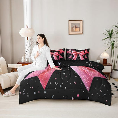 Erosebridal Bowknot 3D Black Pink Glitter Print King 7-Piece Comforter Set | Kawaii Cute Bow Sheets and Pillowcases Girly Kids Dreamy Ribbon Bed in A Bag Adults Women Bed Sets