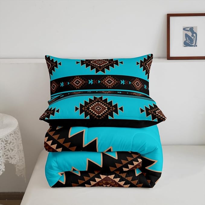Queen Size Western Aztec Comforter Set, Native American Navajo Bedding Set for Boys Adult Teens, Southwestern Geometric Quilt Ethnic American Native Duvet Insert Rustic Farmhouse Decor, Blue
