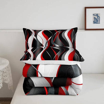Feelyou Red Grey Black Comforter Set Geometric Spiral Duvet Set for Kids Boys Girl Modern Abstract Bedding Set Grey White Comforter 1 Comforter Set with 2 Pillowcases King Size Boys