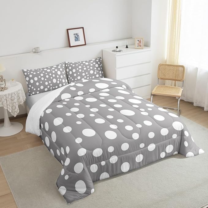 Manfei White Polka Dots Comforter Set Full Size,French Style Cute Dots Print Bedding Set for Child Young,Simple Gray White Geometric Circles Comforter,3 Pcs 2 Pillowcases