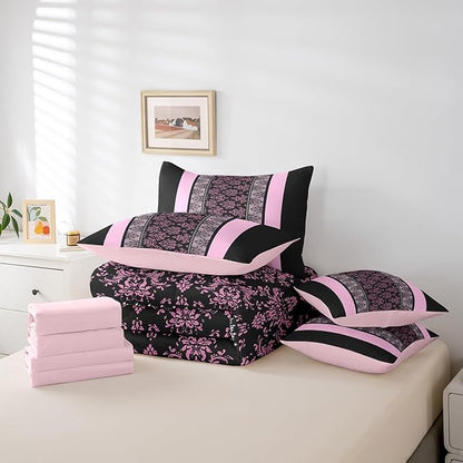 jejeloiu Adult Classic Jacquard 7 Piece Bedding Set King Size Damask Pattern Comforter Set with Sheets for Boys Girls Black Pink Stripe Bed in a Bag Baroque Bed Set