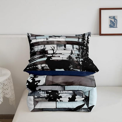 Feelyou Cute Deer Bedding Set Wild Animal Hunt Comforter Set for Kids Boys Girls Pine Trees Retro Comforter Hunting Theme Quilt Set Bedroom Collection 2Pcs Toddler Size