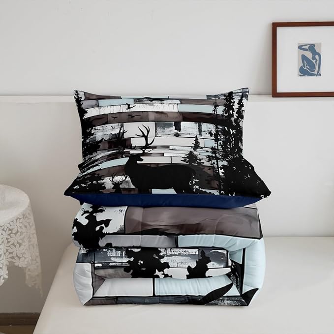 Feelyou Cute Deer Bedding Set Wild Animal Hunt Comforter Set for Kids Boys Girls Pine Trees Retro Comforter Hunting Theme Quilt Set Bedroom Collection 3Pcs Full Size