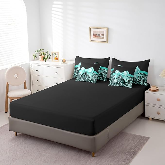 Feelyou Teal Bowknot 7 Piece Bedding Set King Size Glitter Print Comforter Set with Sheets for Kids Girls Adult Cute Bowknot Bed in a Bag Black Silver Bed Set