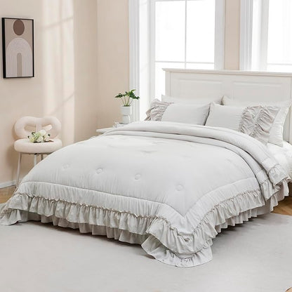 Beige Comfrter Set King Size Boho Bedding Set Shabby Chic 2 Layers Ruffles Bedroom Home Decor Ultra Soft Microfiber Farmhouse Down Comforter Bohemian Quilt Set for Girls Women